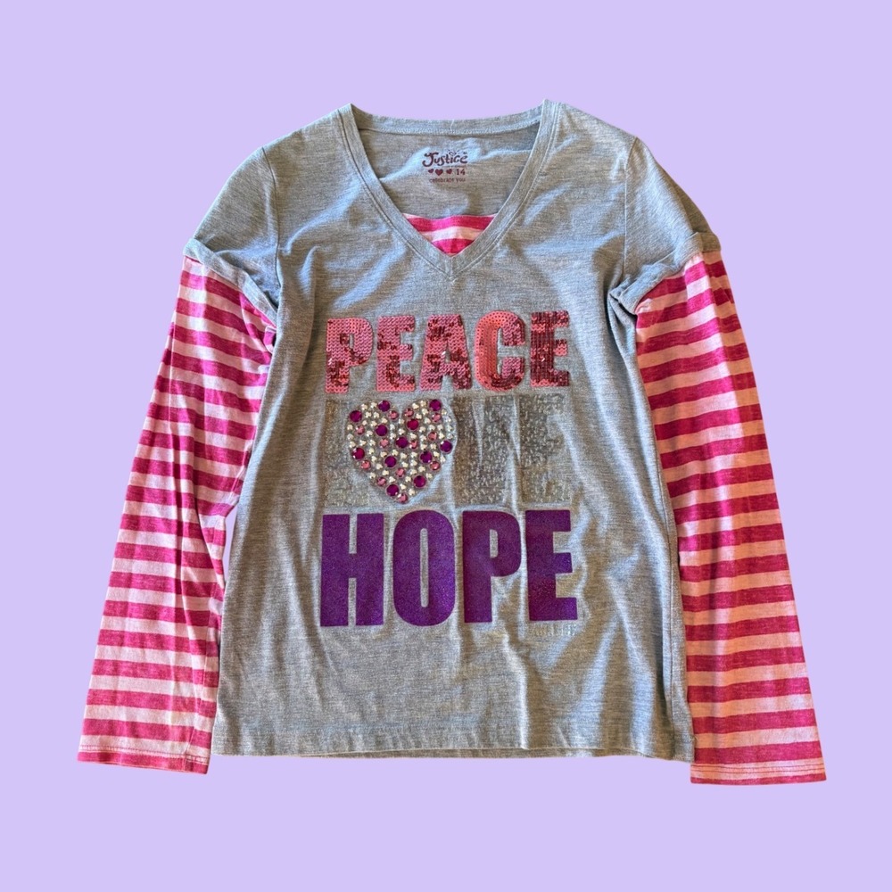 Y2K Justice "Peace Love Hope" Graphic Layered Tee Sequins Scene #17